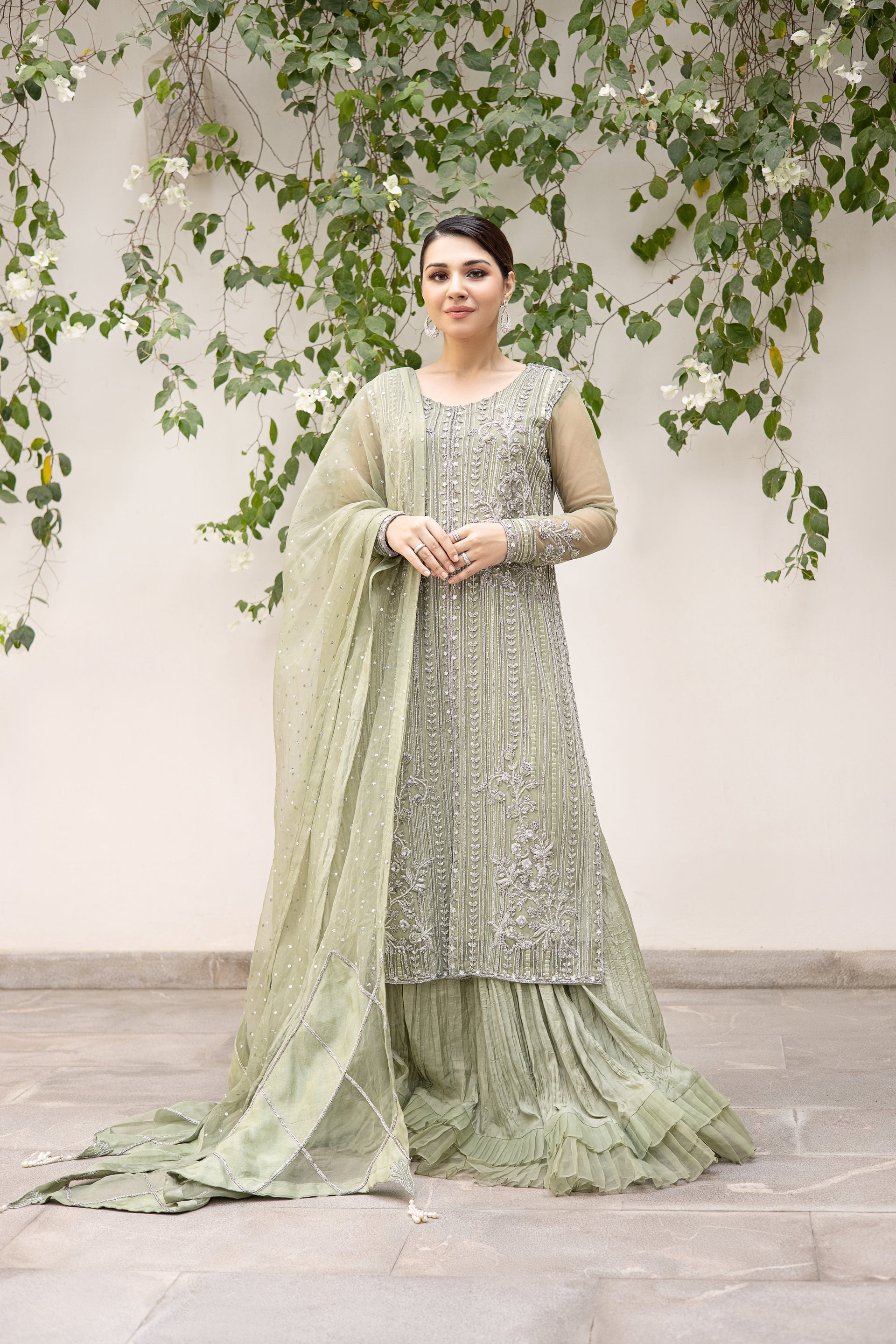mint green dress pakistani Elegant Mint Green Pakistani Dress for Wedding in Organza Net MEDIUM main image 1