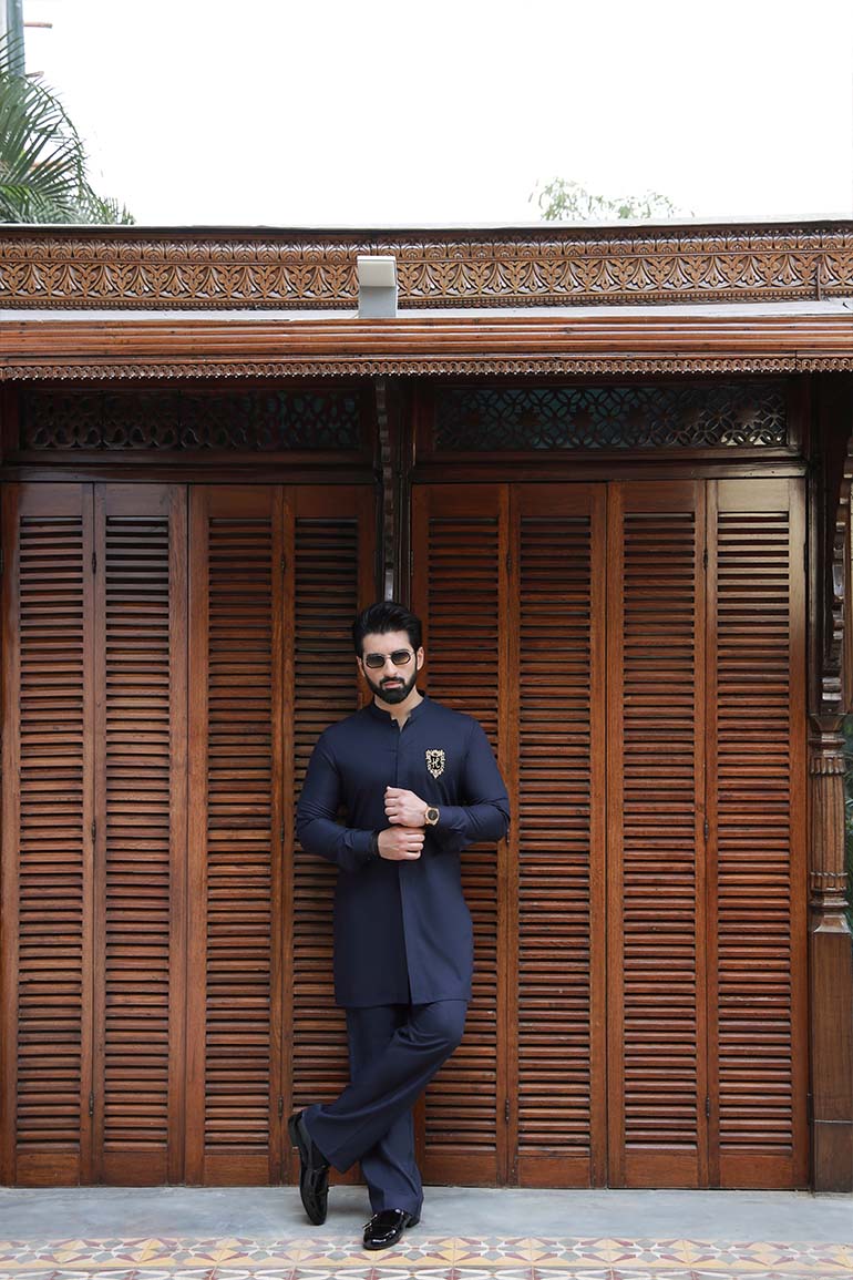 NAVY BLUE SELF TEXTURE WASH N WEAR KURTA PAJAMA Humayunalamgir