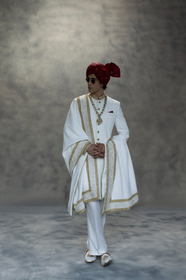 Royal White & Gold Handcrafted Sherwani