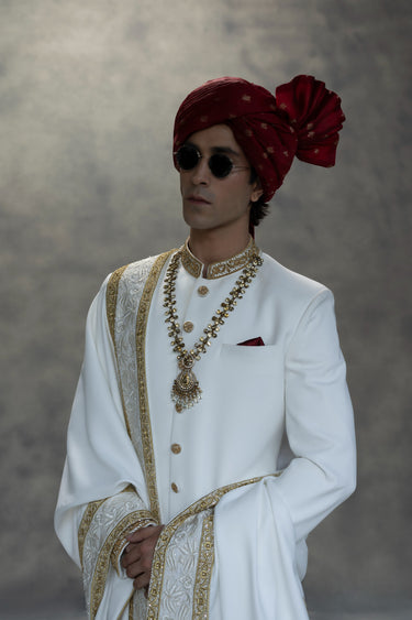 Royal White & Gold Handcrafted Sherwani