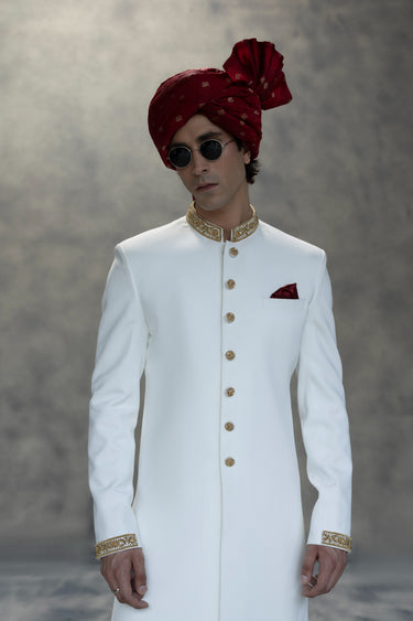 Royal White & Gold Handcrafted Sherwani