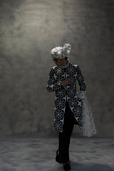 Monochrome Royal Black & White Hand-Embroidered Sherwani