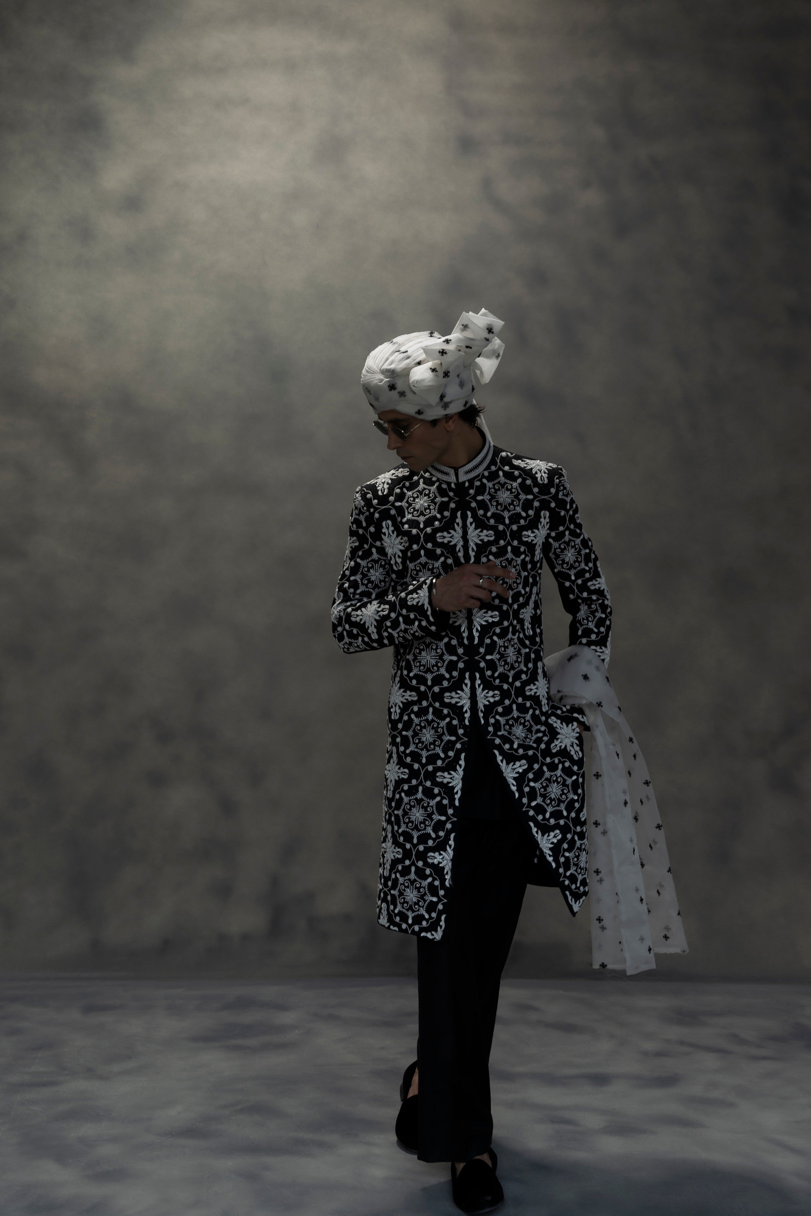 Monochrome Royal Black & White Hand-Embroidered Sherwani sherwani Humayun Alamgir