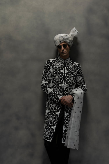 Monochrome Royal Black & White Hand-Embroidered Sherwani