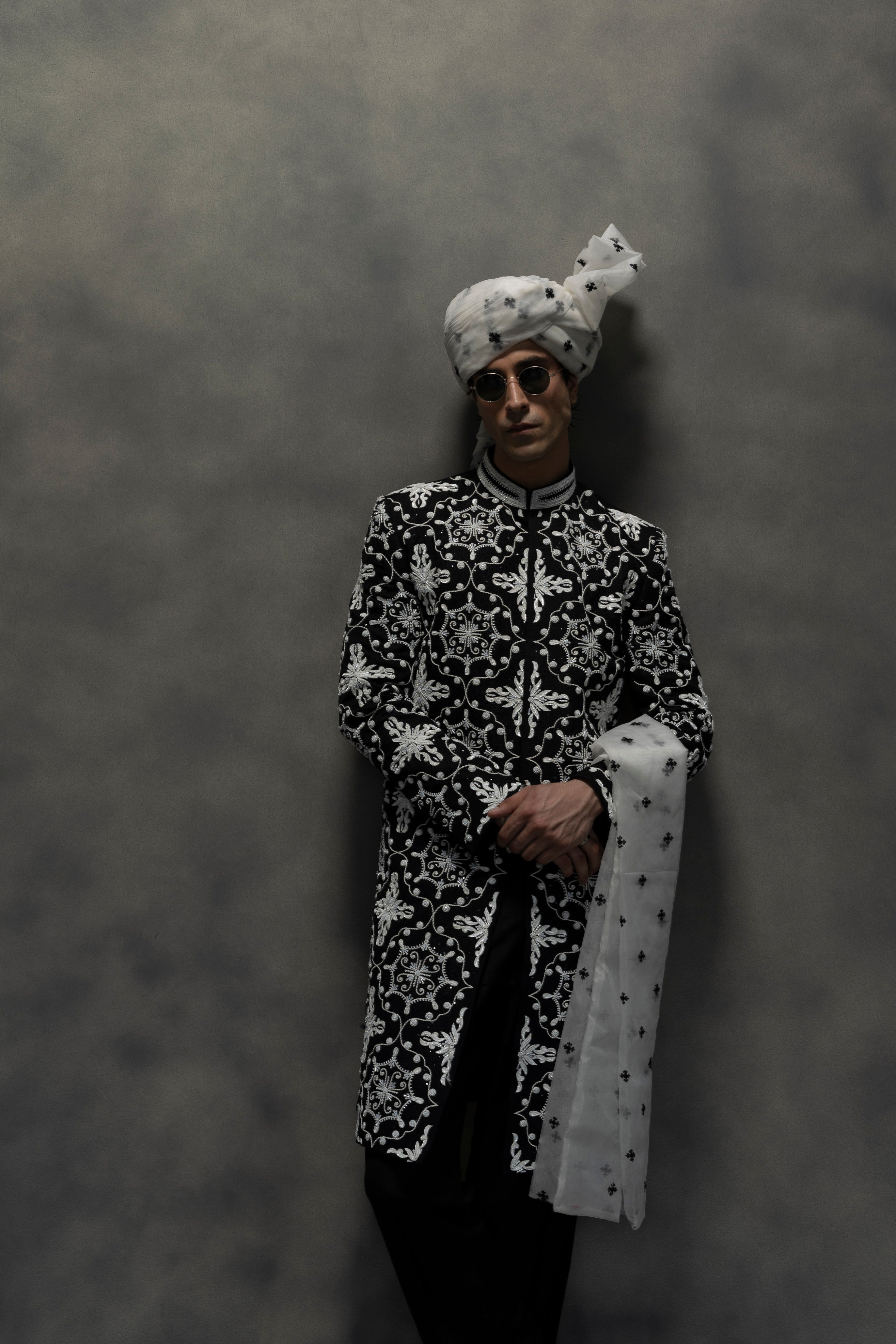 Monochrome Royal Black & White Hand-Embroidered Sherwani sherwani Humayun Alamgir