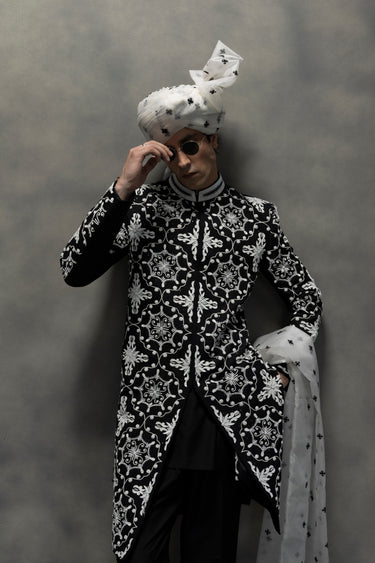 Monochrome Royal Black & White Hand-Embroidered Sherwani