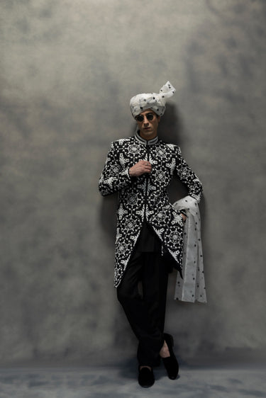 Monochrome Royal Black & White Hand-Embroidered Sherwani