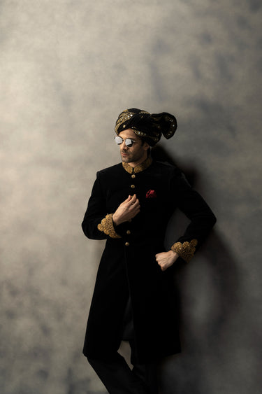 REGAL BLACK VELVET HANKWORK SHERWANI