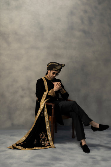 REGAL BLACK VELVET HANKWORK SHERWANI