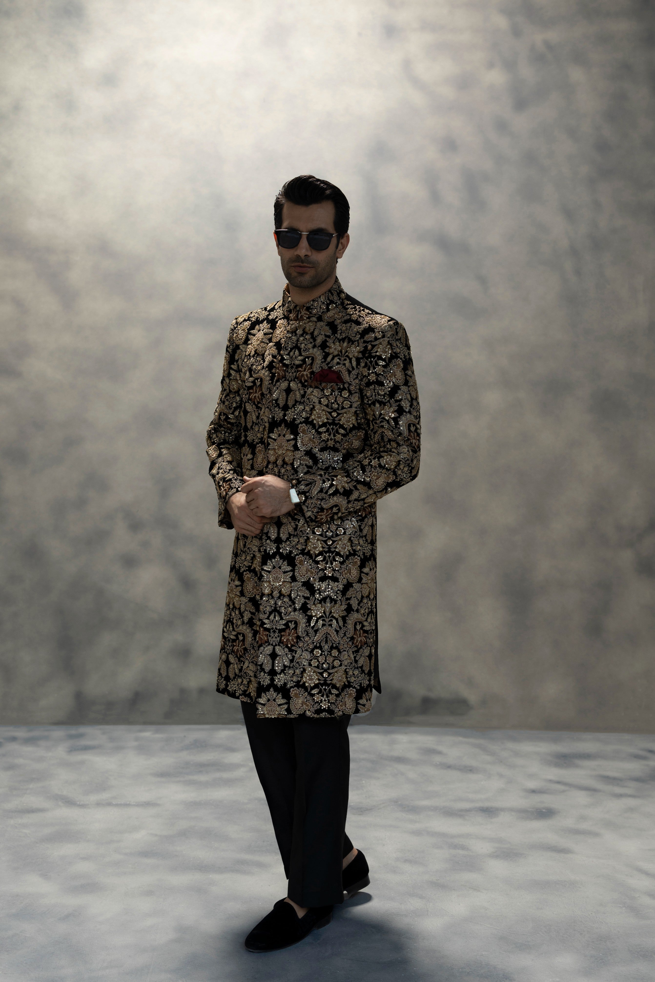 Royal Black & Gold Velvet Handcrafted Sherwani sherwani Humayun Alamgir