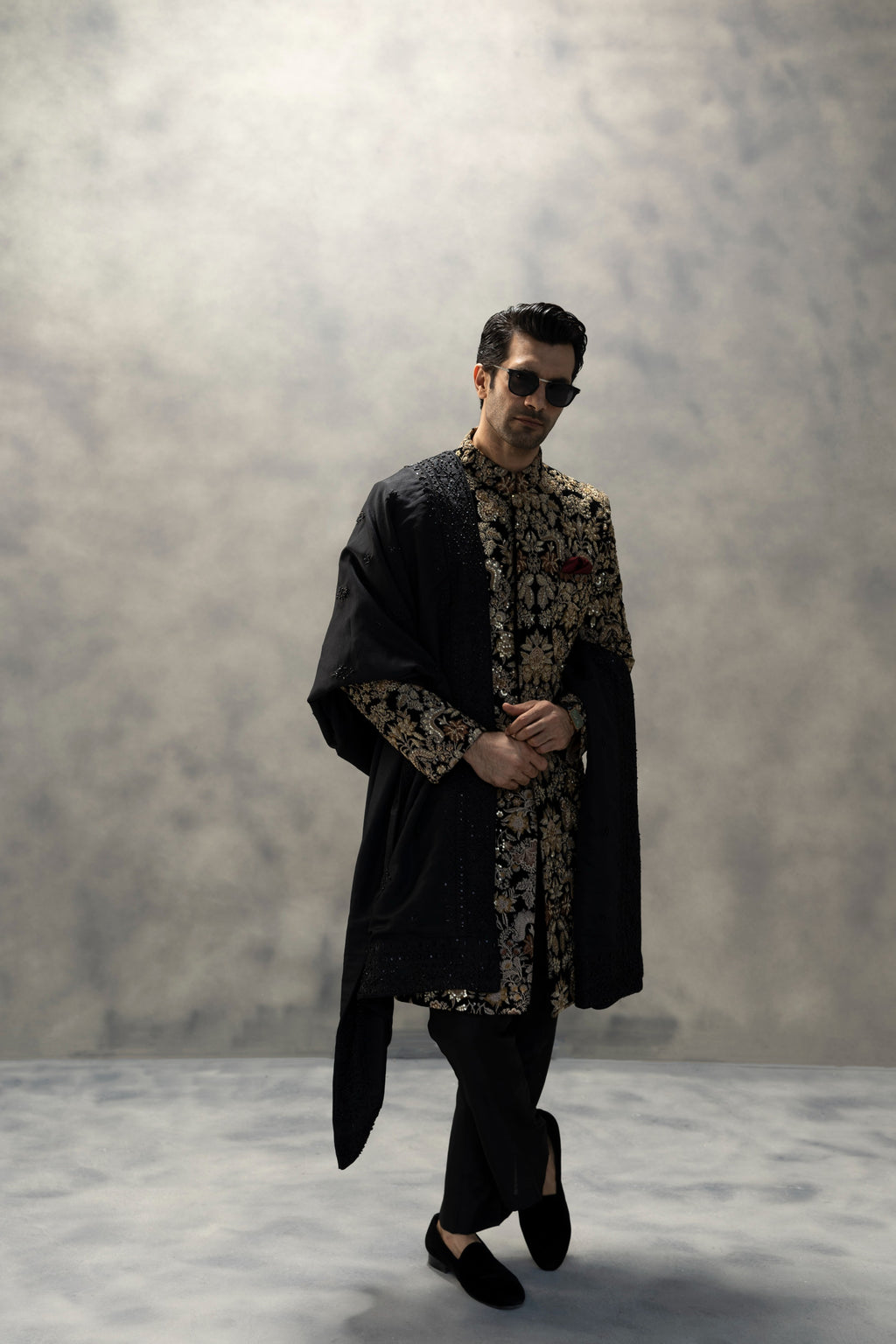 Royal Black & Gold Velvet Handcrafted Sherwani sherwani Humayun Alamgir