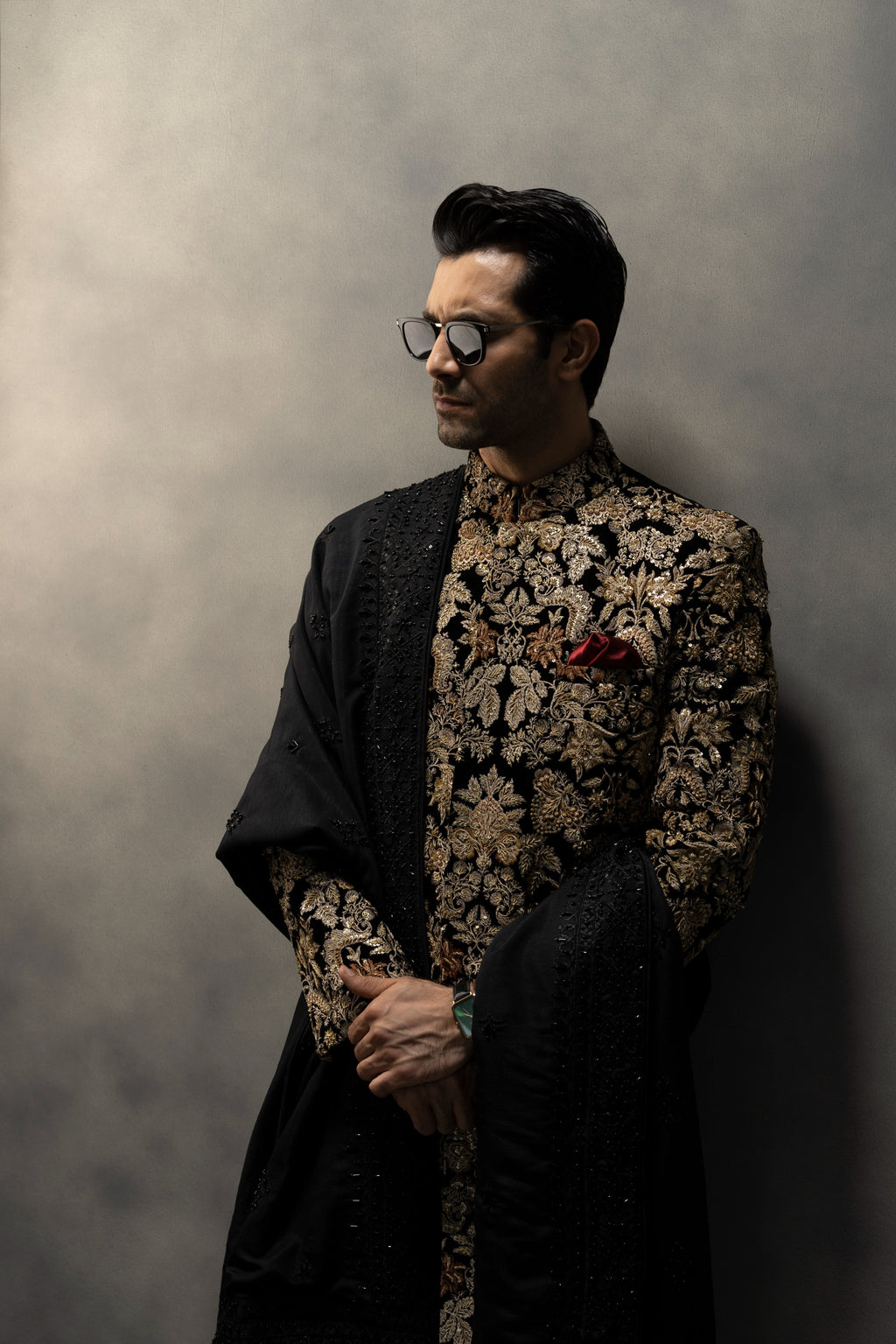 Royal Black & Gold Velvet Handcrafted Sherwani sherwani Humayun Alamgir