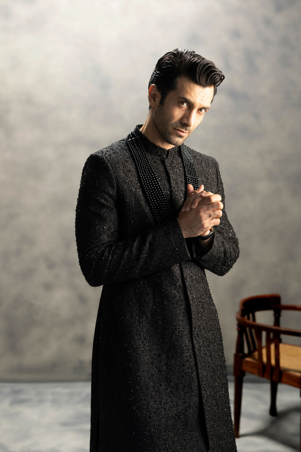 Royal Black Handcrafted Sherwani Ensemble sherwani Humayun Alamgir