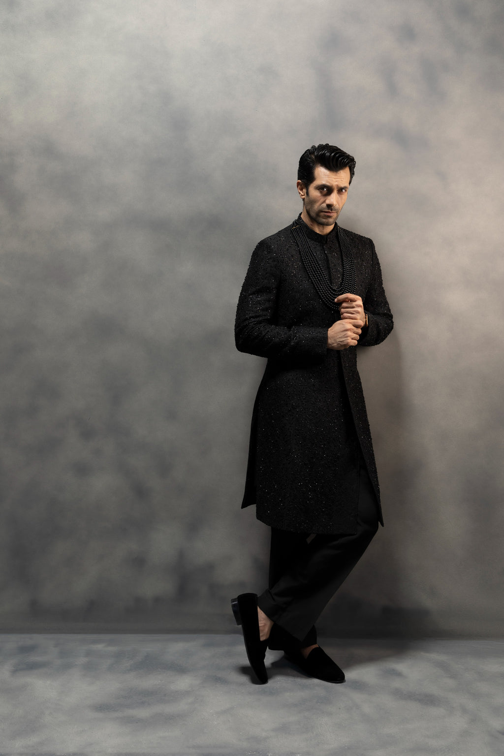 Royal Black Handcrafted Sherwani Ensemble sherwani Humayun Alamgir