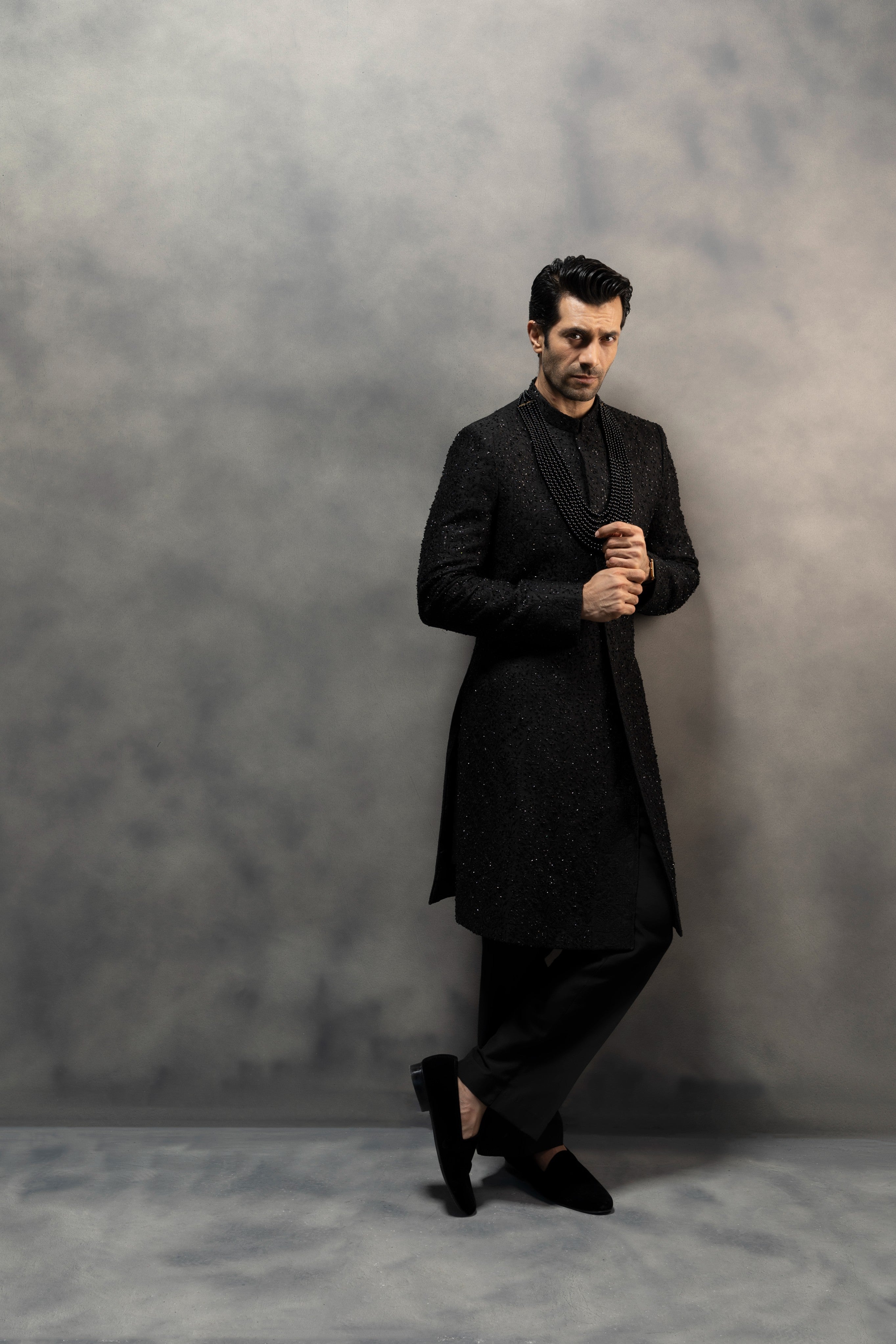 Royal Black Handcrafted Sherwani Ensemble sherwani Humayun Alamgir
