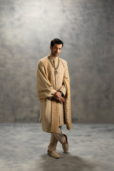 Royal Ivory Gold Hand Embroidered Sherwani