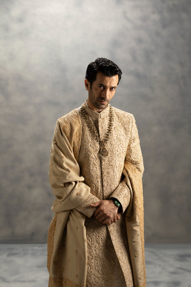 Royal Ivory Gold Hand Embroidered Sherwani