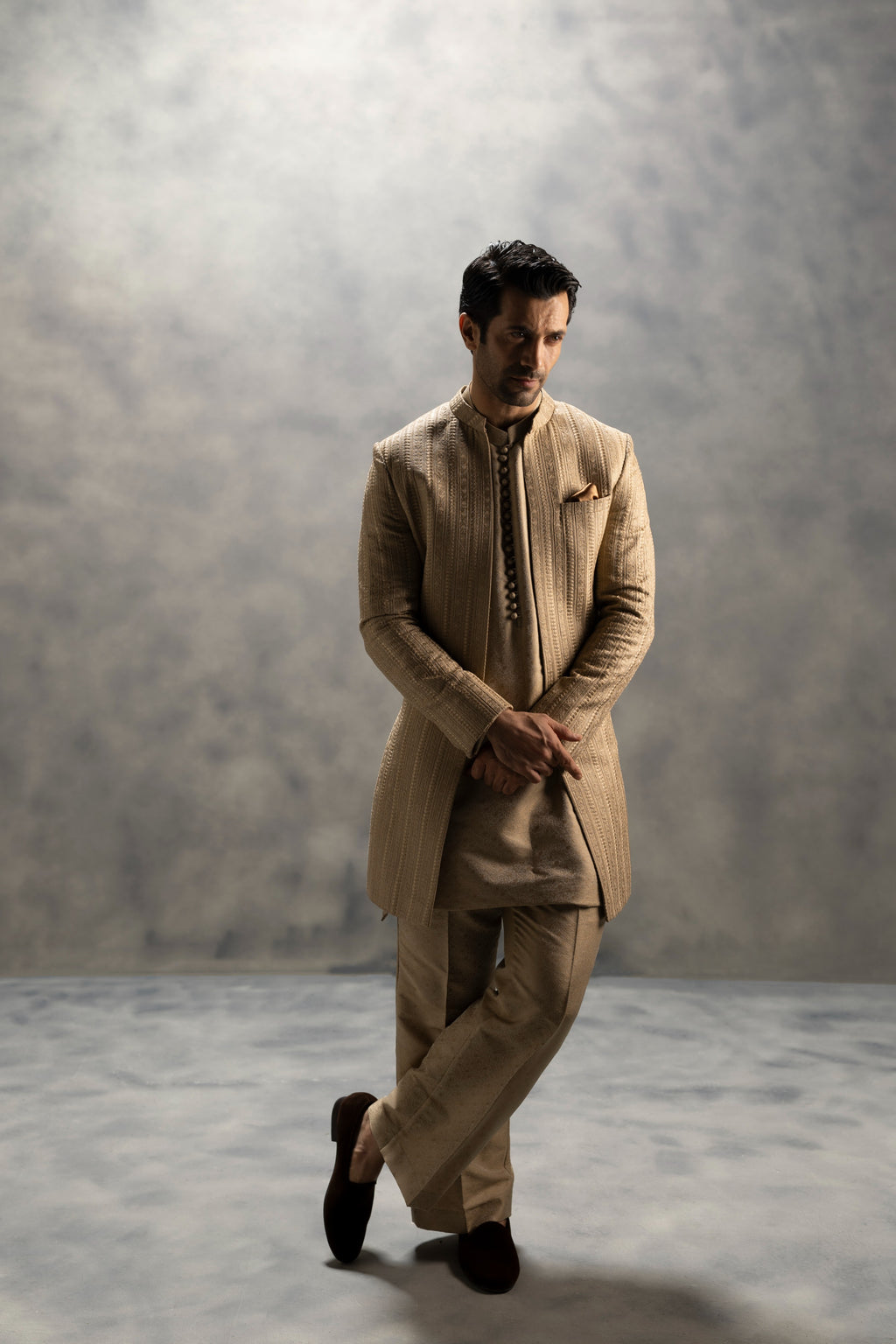 Royal Beige Front open Hand-Embroidered Sherwani sherwani Humayun Alamgir