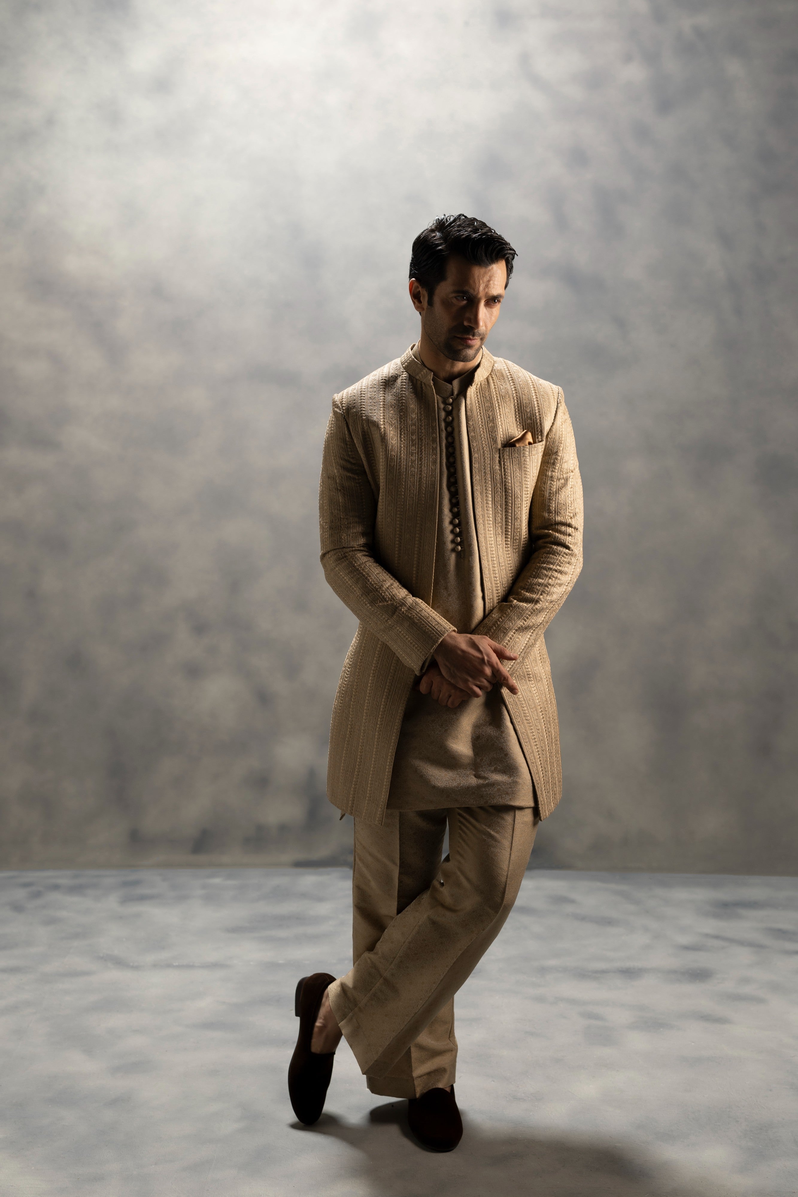 Royal Beige Front open Hand-Embroidered Sherwani sherwani Humayun Alamgir