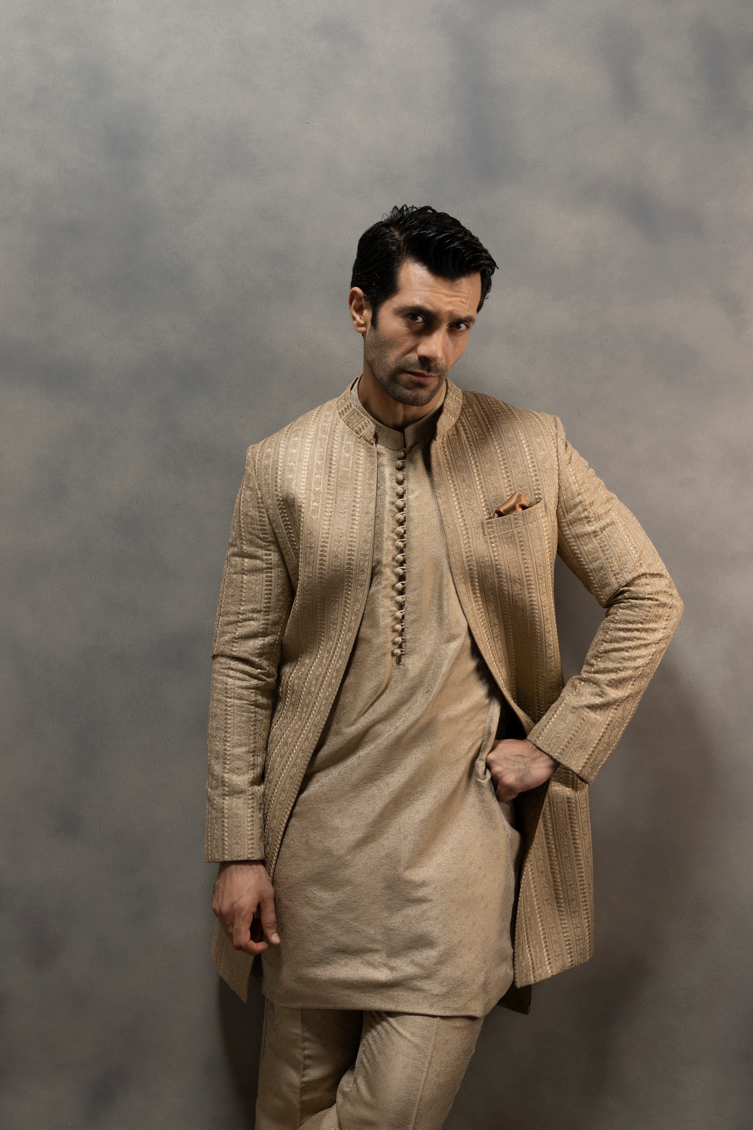 Royal Beige Front open Hand-Embroidered Sherwani sherwani Humayun Alamgir
