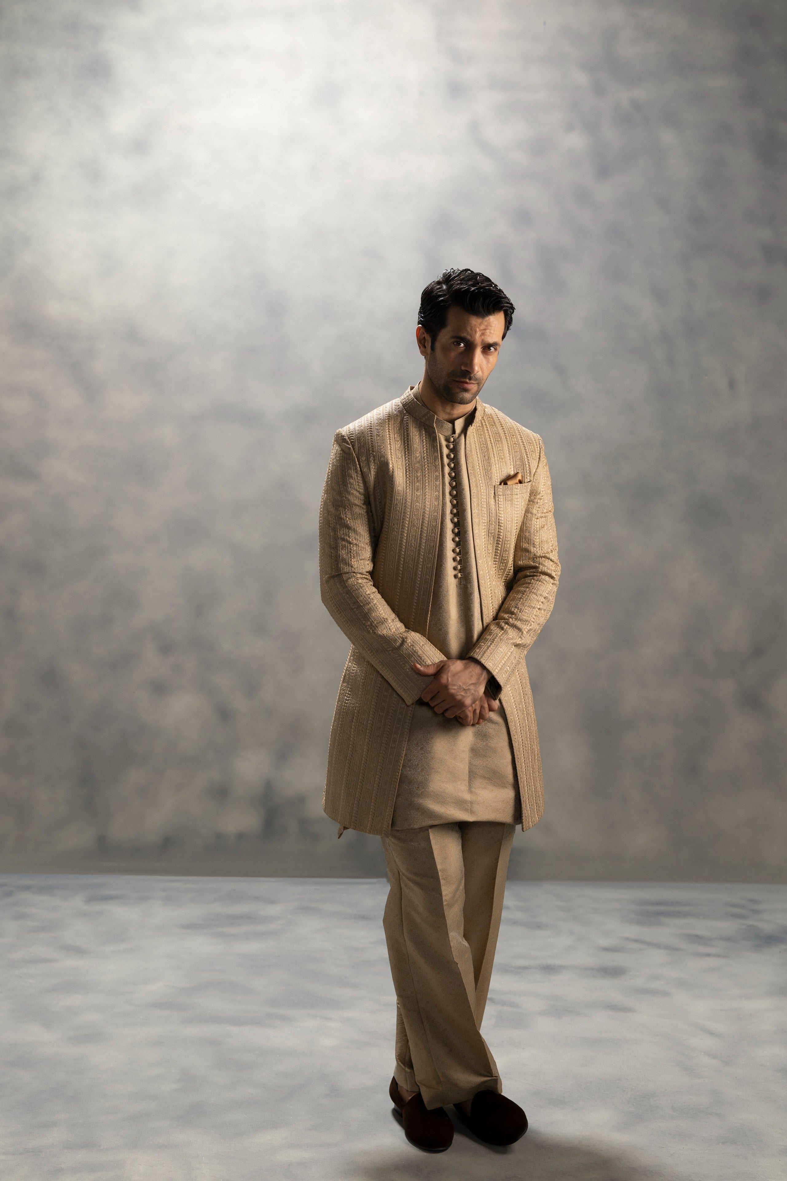 Royal Beige Front open Hand-Embroidered Sherwani sherwani Humayun Alamgir
