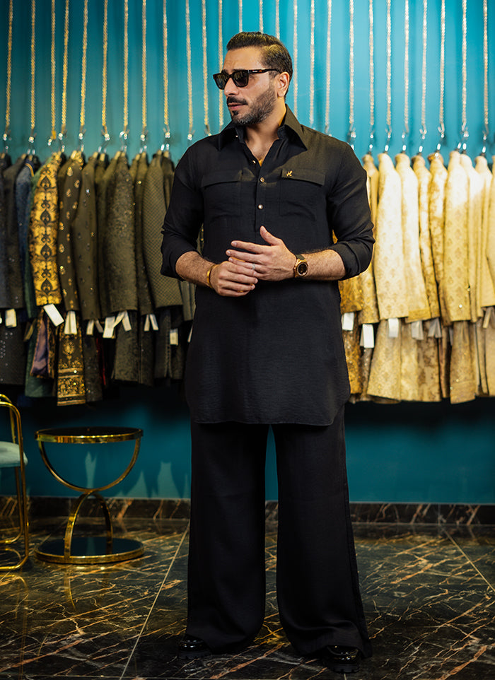 BLACK LINEN FARSHI KURTA SHALWAR Humayun Alamgir