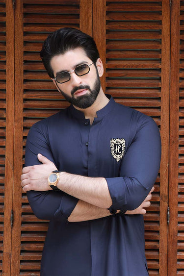 NAVY BLUE SELF TEXTURE WASH N WEAR KURTA PAJAMA Humayunalamgir