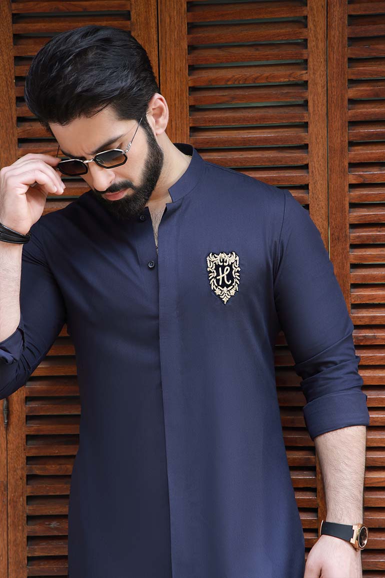 NAVY BLUE SELF TEXTURE WASH N WEAR KURTA PAJAMA Humayunalamgir
