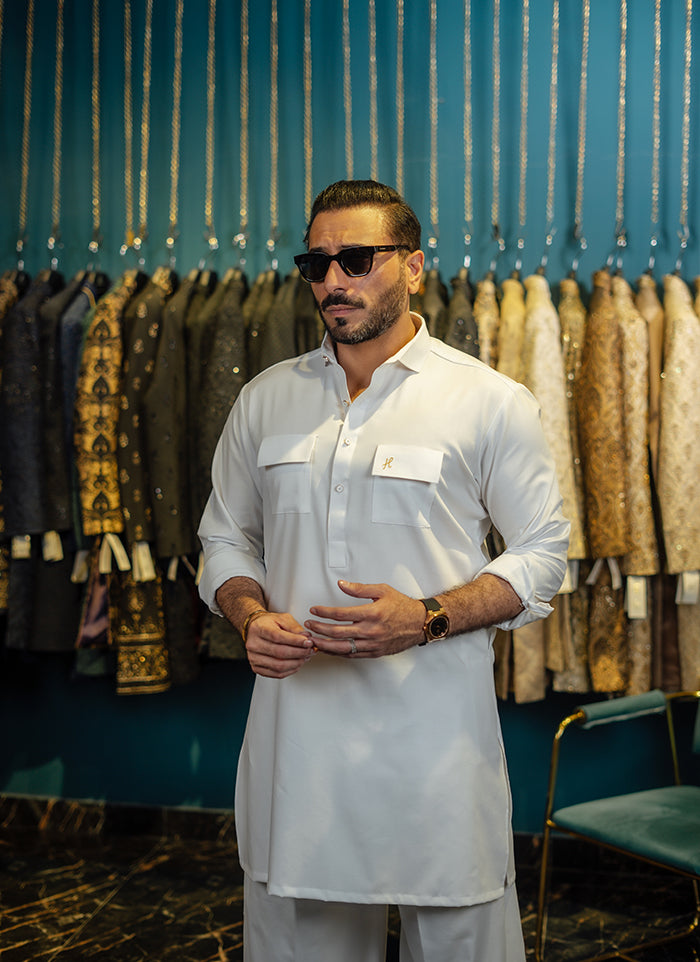 WHITE EGYPTIAN COTTON FARSHI KURTA SHALWAR Humayun Alamgir