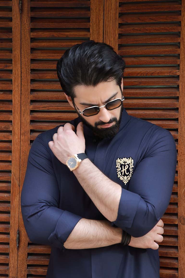 NAVY BLUE SELF TEXTURE WASH N WEAR KURTA PAJAMA Humayunalamgir
