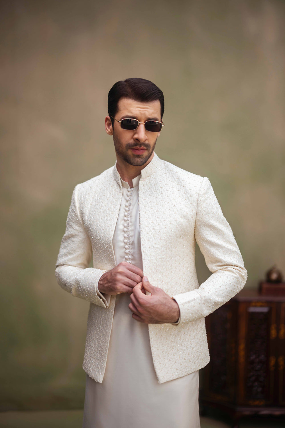 Ivory Self Handwork Cutdana Front Open Prince Coat humyaunalamgir