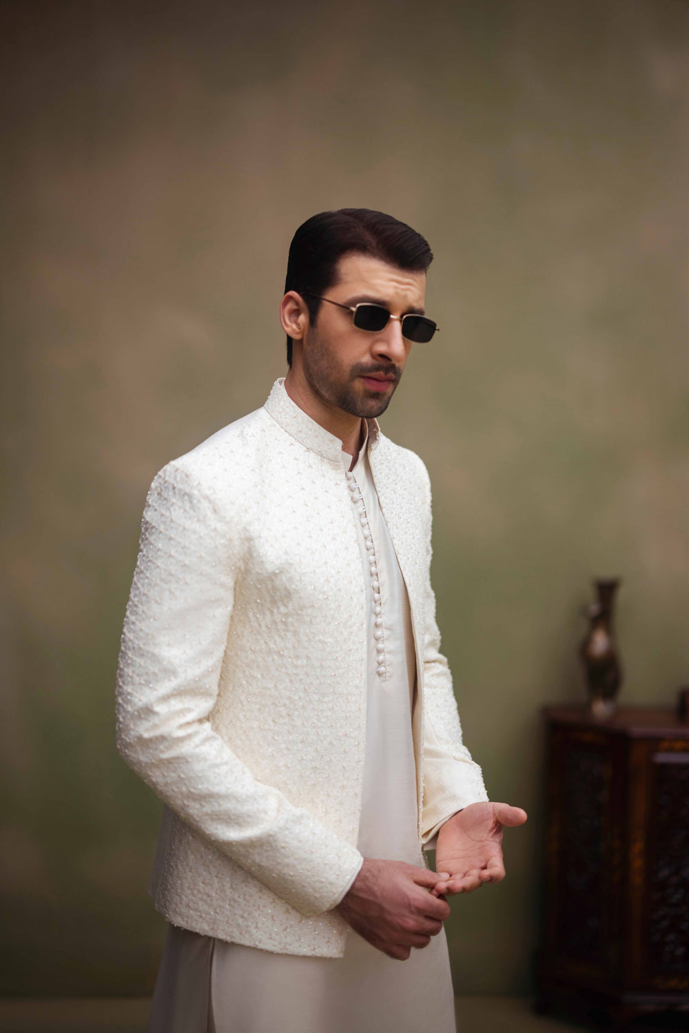 Ivory Self Handwork Cutdana Front Open Prince Coat humyaunalamgir