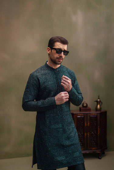 Dark Green Hand Work Embroided Kurta Pajama humyaunalamgir