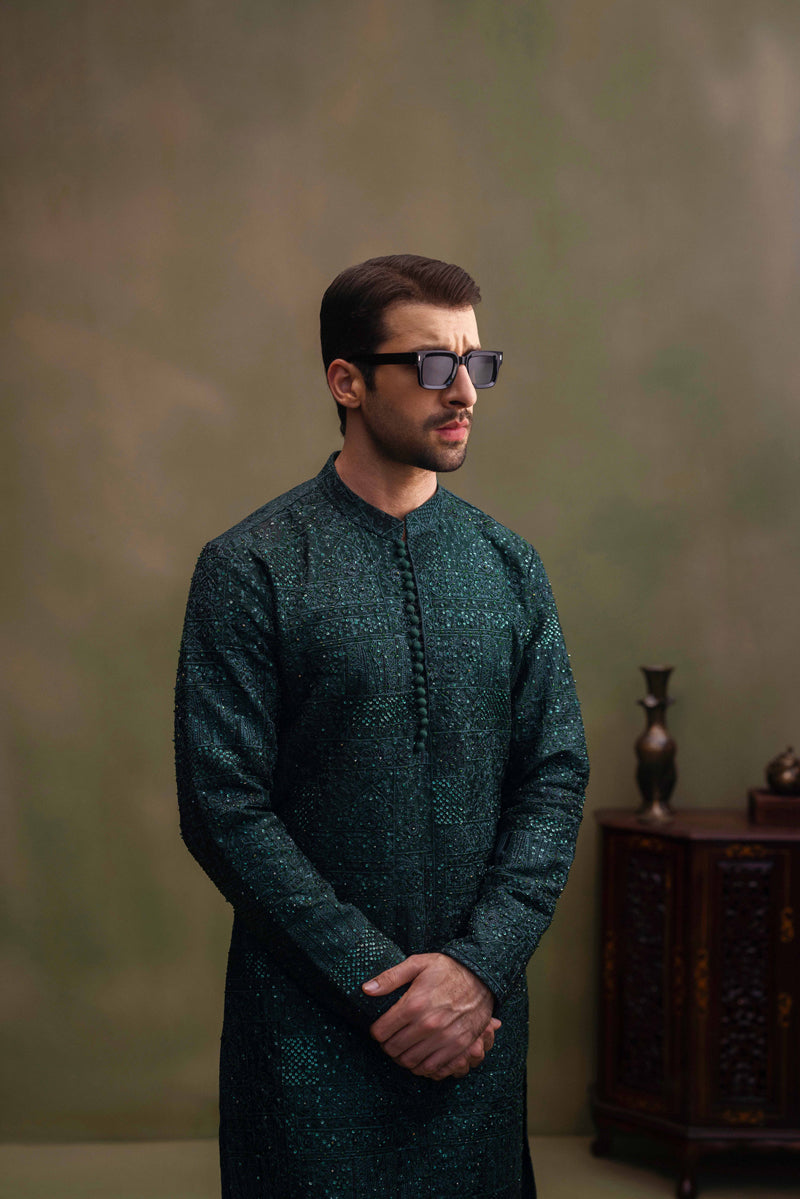 Dark Green Hand Work Embroided Kurta Pajama humyaunalamgir