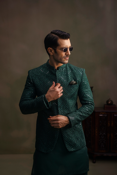 DARK GREEN SEQUENCE HAND WORK CUTDANA PRINCE COAT