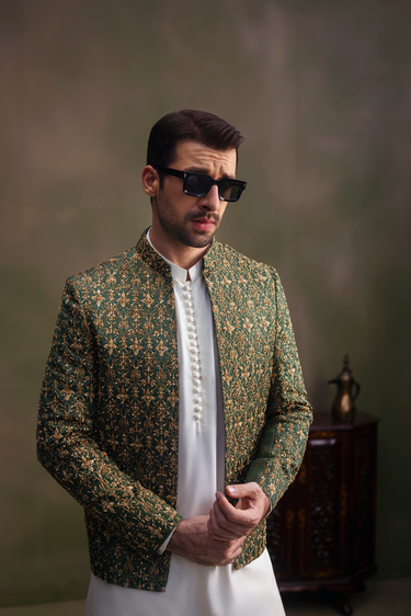 GREEN GOLDEN HANDWORK ZARI JAMAWAR PRINCE COAT