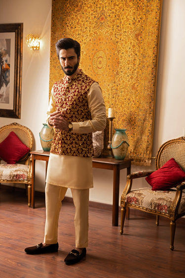 Red embossed waist coat Mehndi Collection HumayunAlamgir S Waist Coat