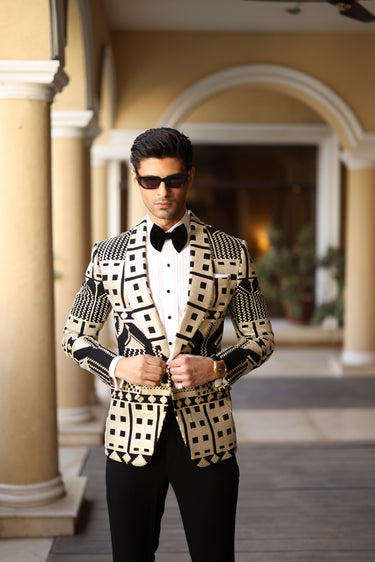 BEIGE & BLACK TUX RUNWAY humyaunalamgir S