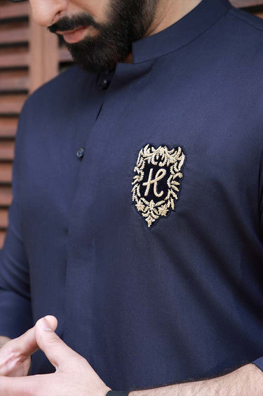 NAVY BLUE SELF TEXTURE WASH N WEAR KURTA PAJAMA Humayunalamgir