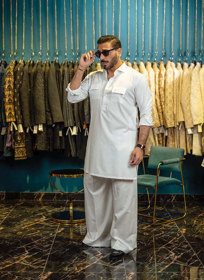 WHITE EGYPTIAN COTTON FARSHI KURTA SHALWAR Humayun Alamgir