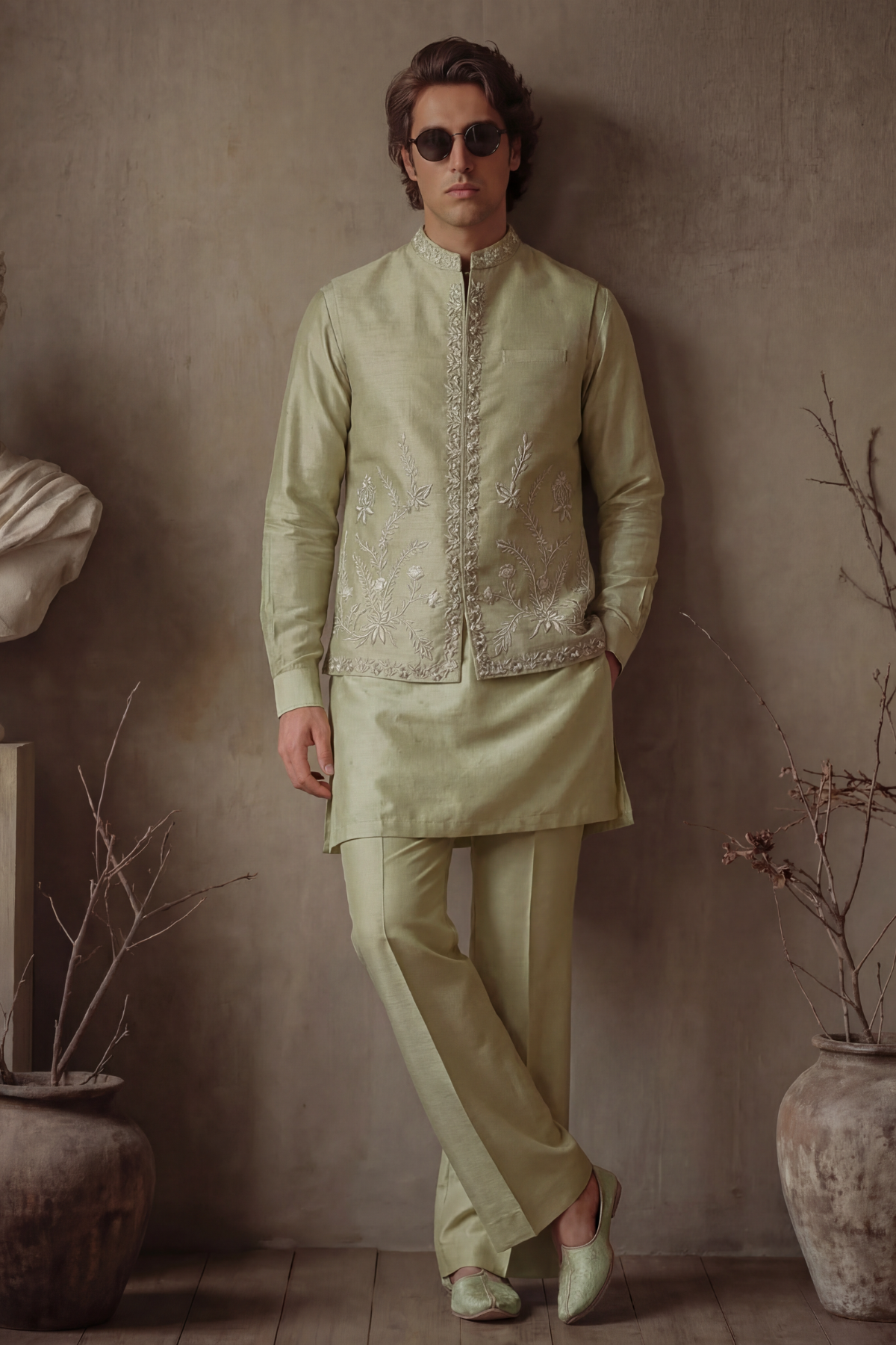 PISTACHIO GREEN WAISTCOAT Humayunalamgir