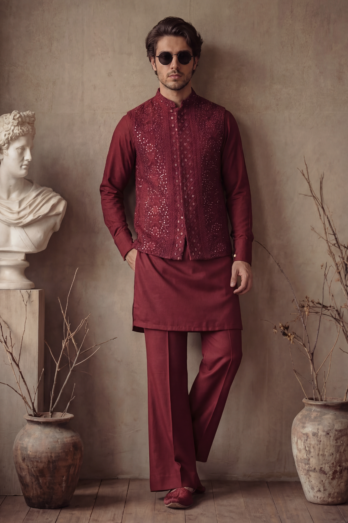 RED EMBOSSED SEQUENCE WAISTCOAT Clothing Humayunalamgir
