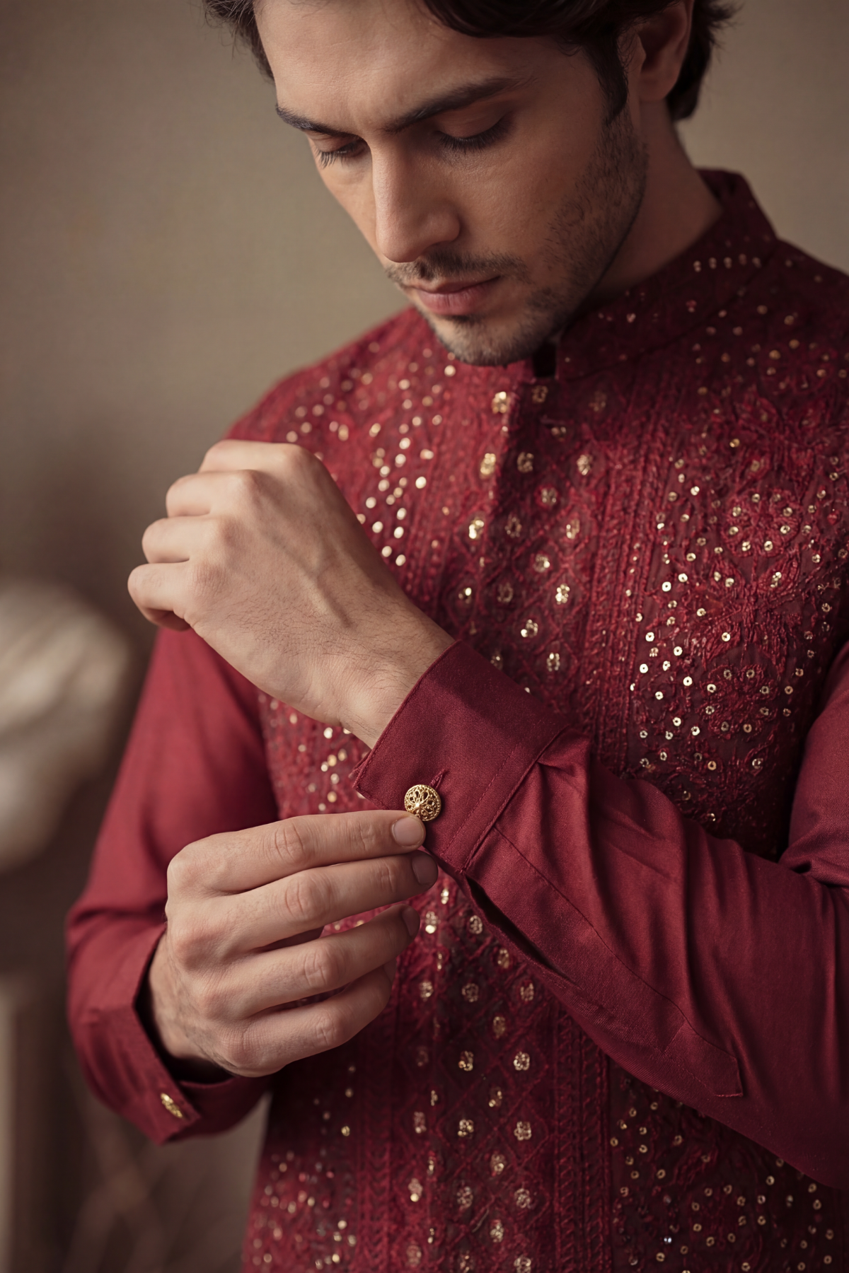 RED EMBOSSED SEQUENCE WAISTCOAT Clothing Humayunalamgir