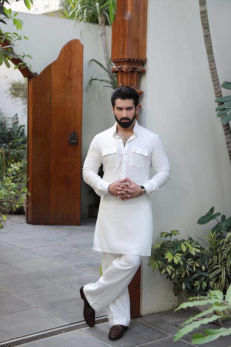 WHITE LINEN KURTA PAJAMA Humayunalamgir