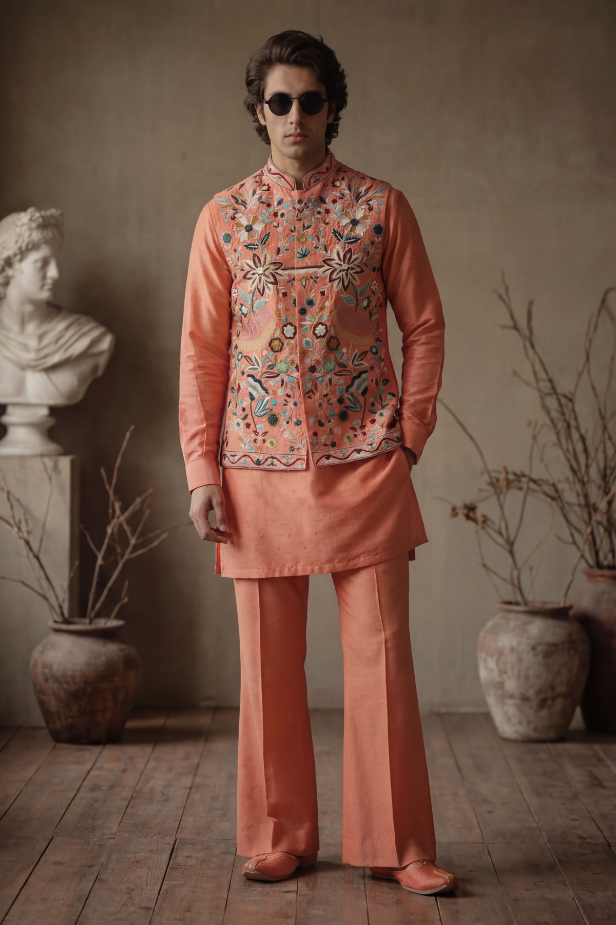 ORANGE FLORAL WAISTCOAT Clothing Humayunalamgir