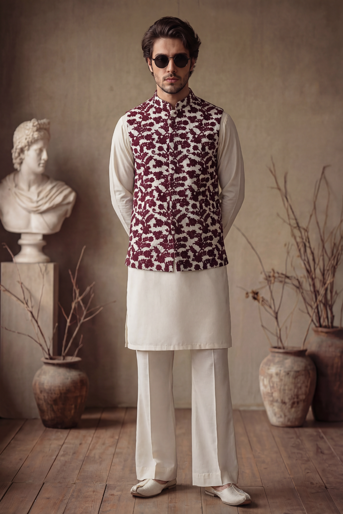 DEEP MAROON FLORAL EMBOSSED WAISTCOAT Clothing Humayunalamgir