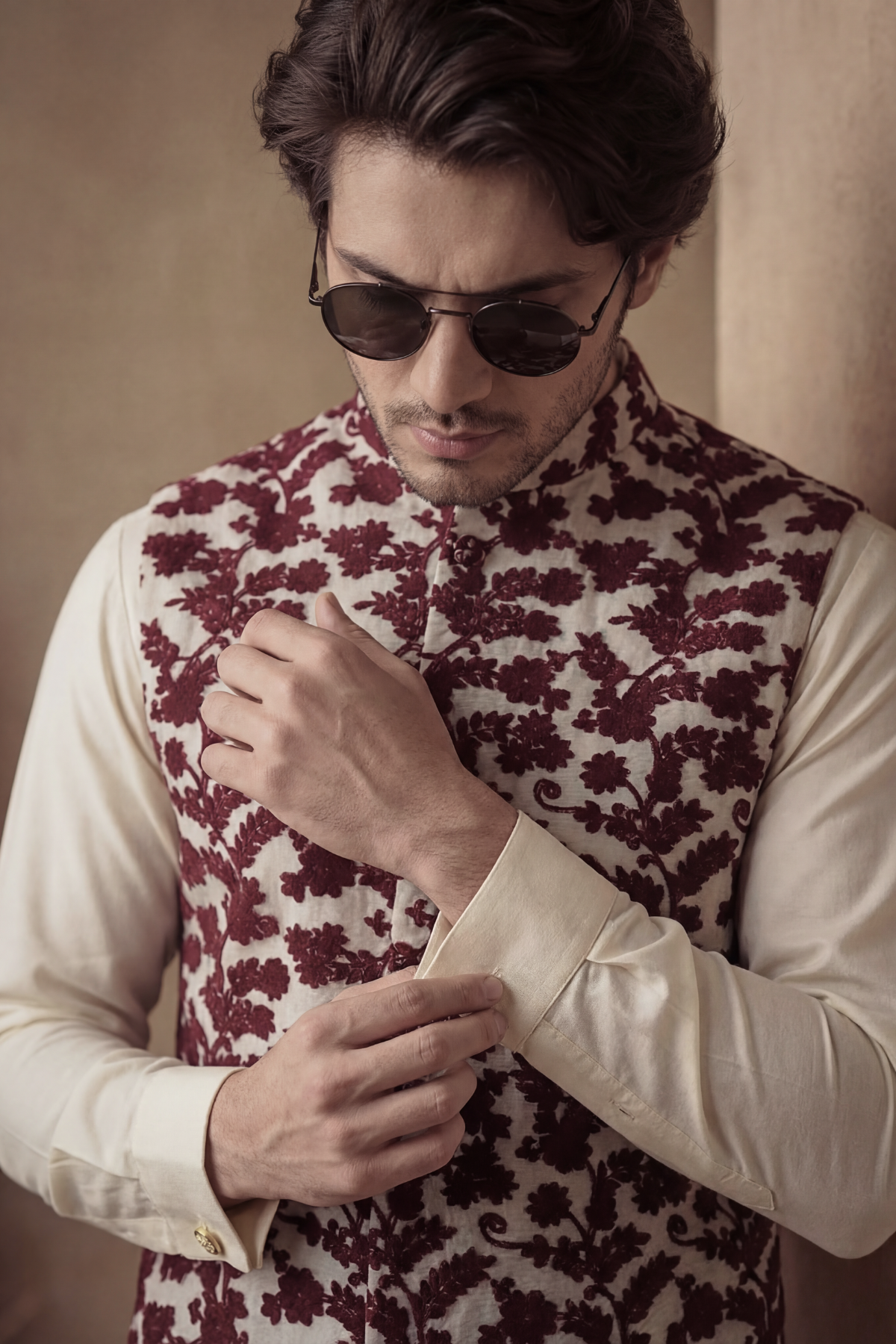 DEEP MAROON FLORAL EMBOSSED WAISTCOAT Clothing Humayunalamgir
