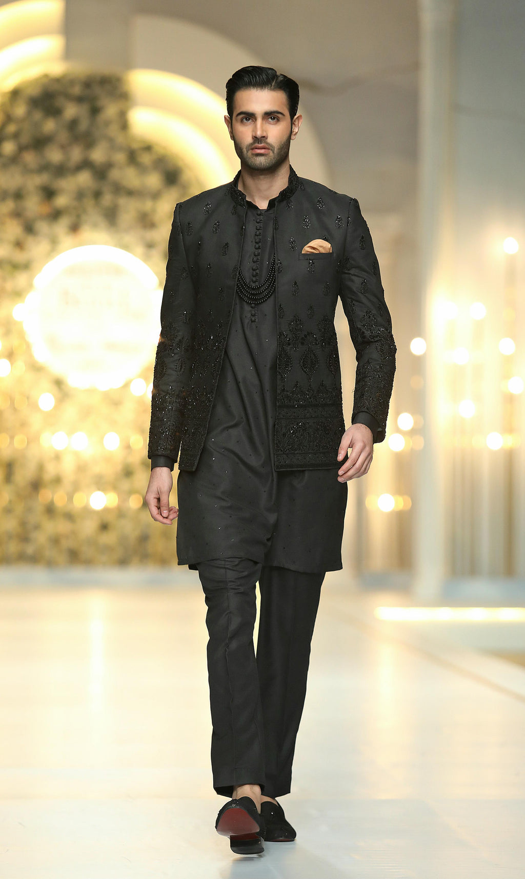 Black Embossed Prince Coat Mehndi Collection HumayunAlamgir