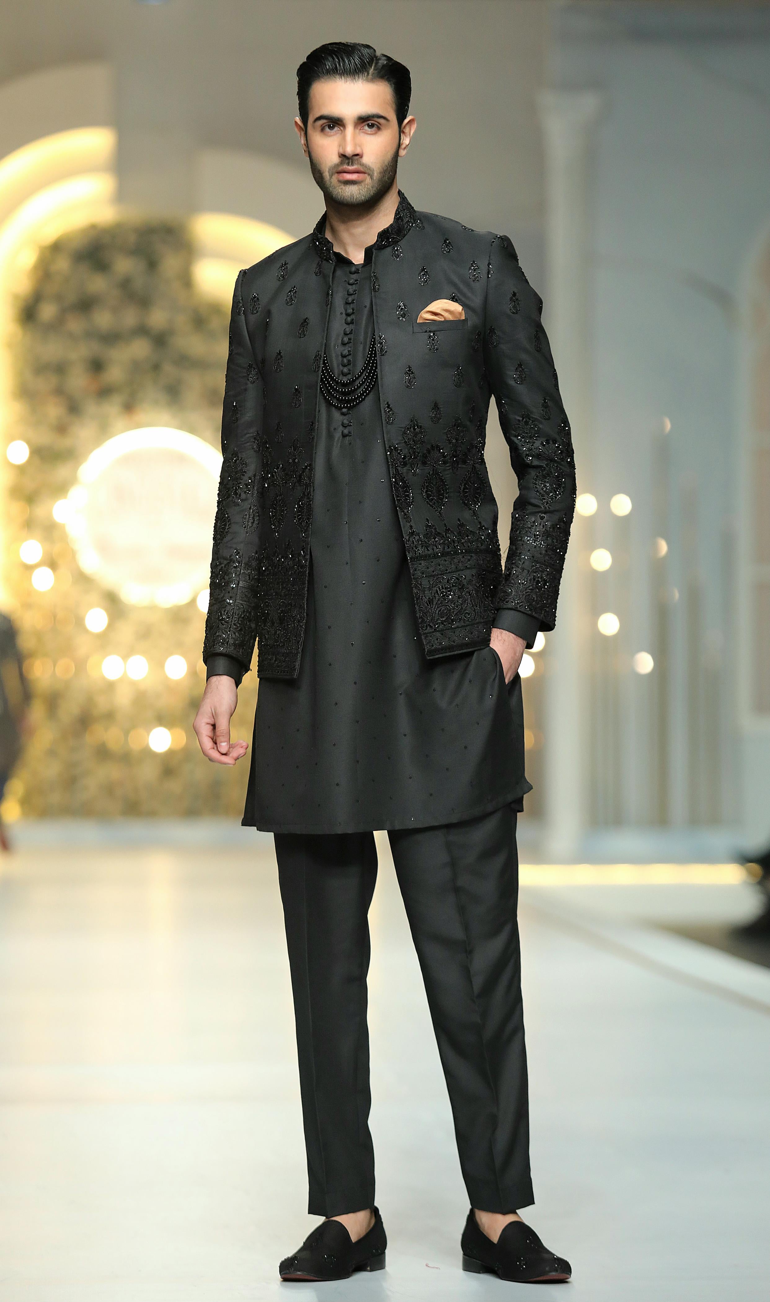 Black Embossed Prince Coat Mehndi Collection HumayunAlamgir