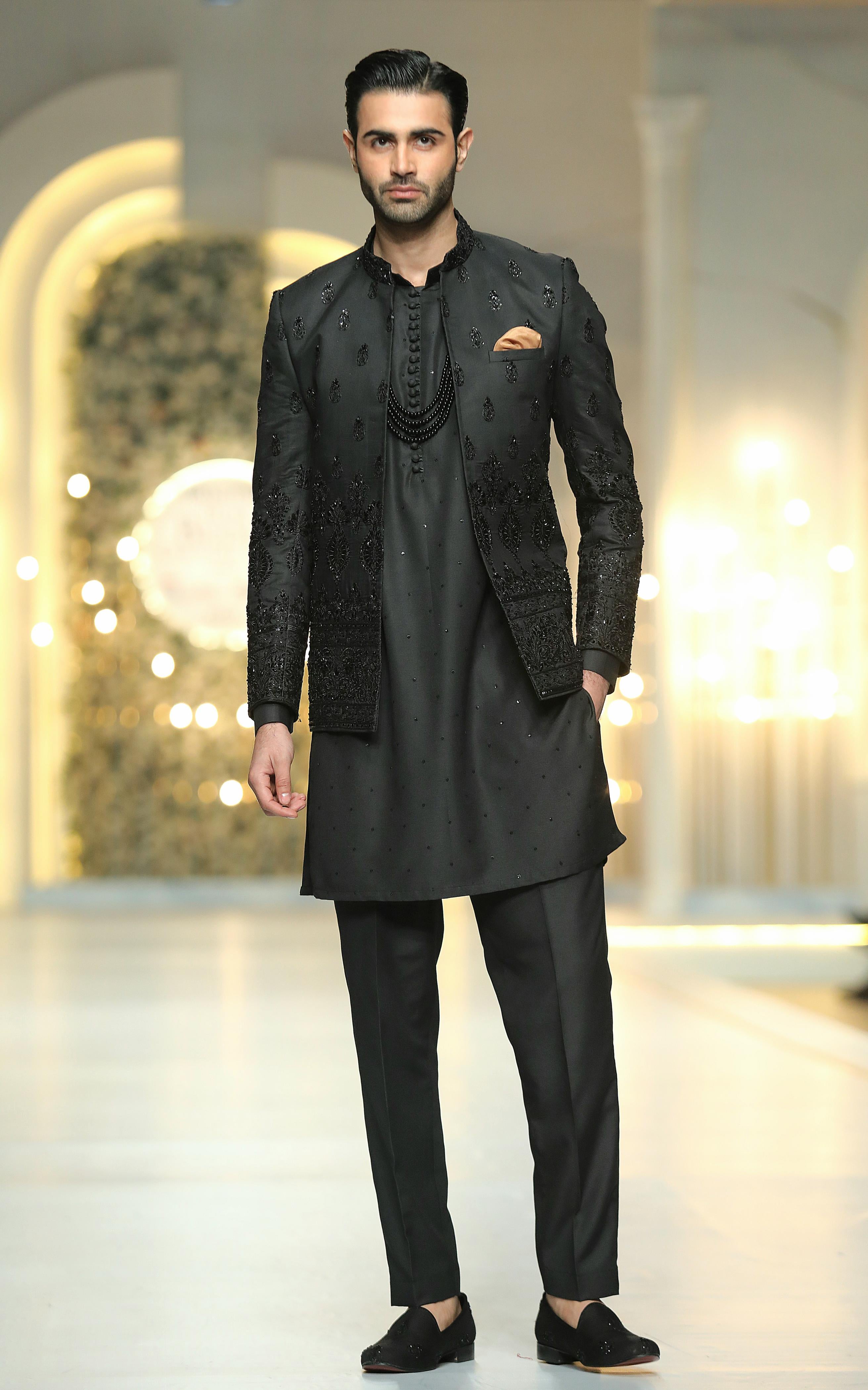 Black Embossed Prince Coat Mehndi Collection HumayunAlamgir